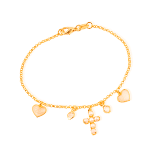 Pulseira Dourada Religiosa Cruz de Pérolas Coração Madrepérola